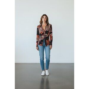 Free People Sheer Long Sleeve Button-Down Blouse Red Floral Patchwork SMALL